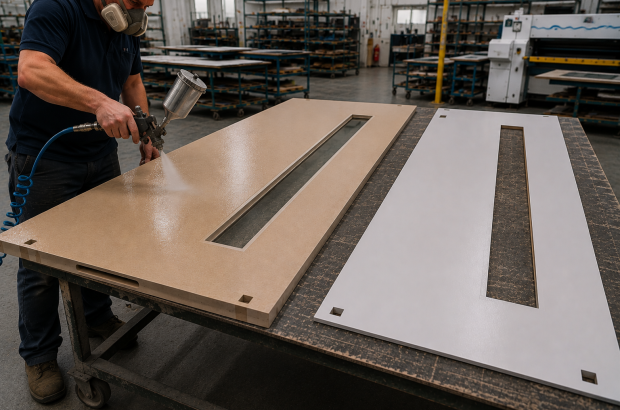 rigid PVC sheet bonded to a timber door with contact adhesive