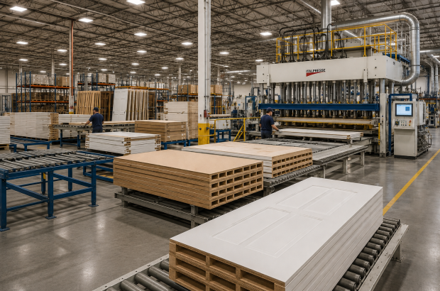 Door production line using urea formaldehyde adhesive